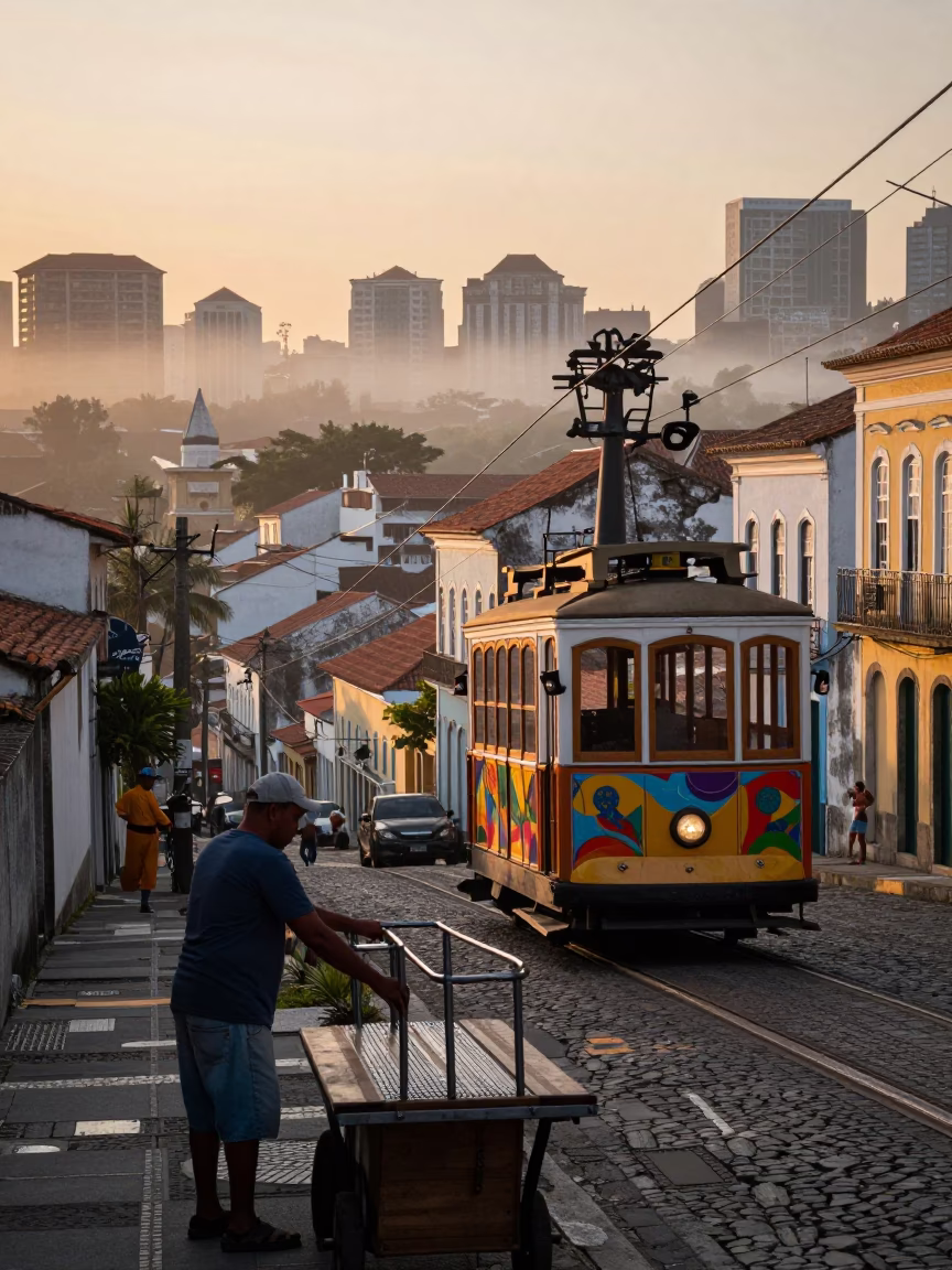 Dawn Light in Salvador Brazil Cable Car and Urban Morning Scene in in Salvador, Brazil