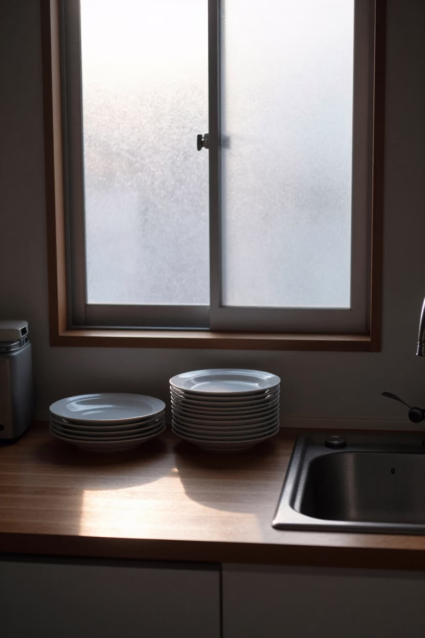 Dawn light in Sapporo kitchen with stacked ceramic plates and sun stripe in in Sapporo, Japan
