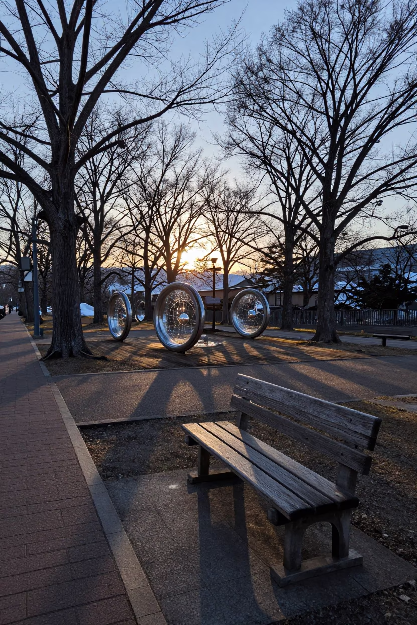 Dawn Light in Sapporo Park with Water Rings on Wooden Bench Slats in in Sapporo, Japan