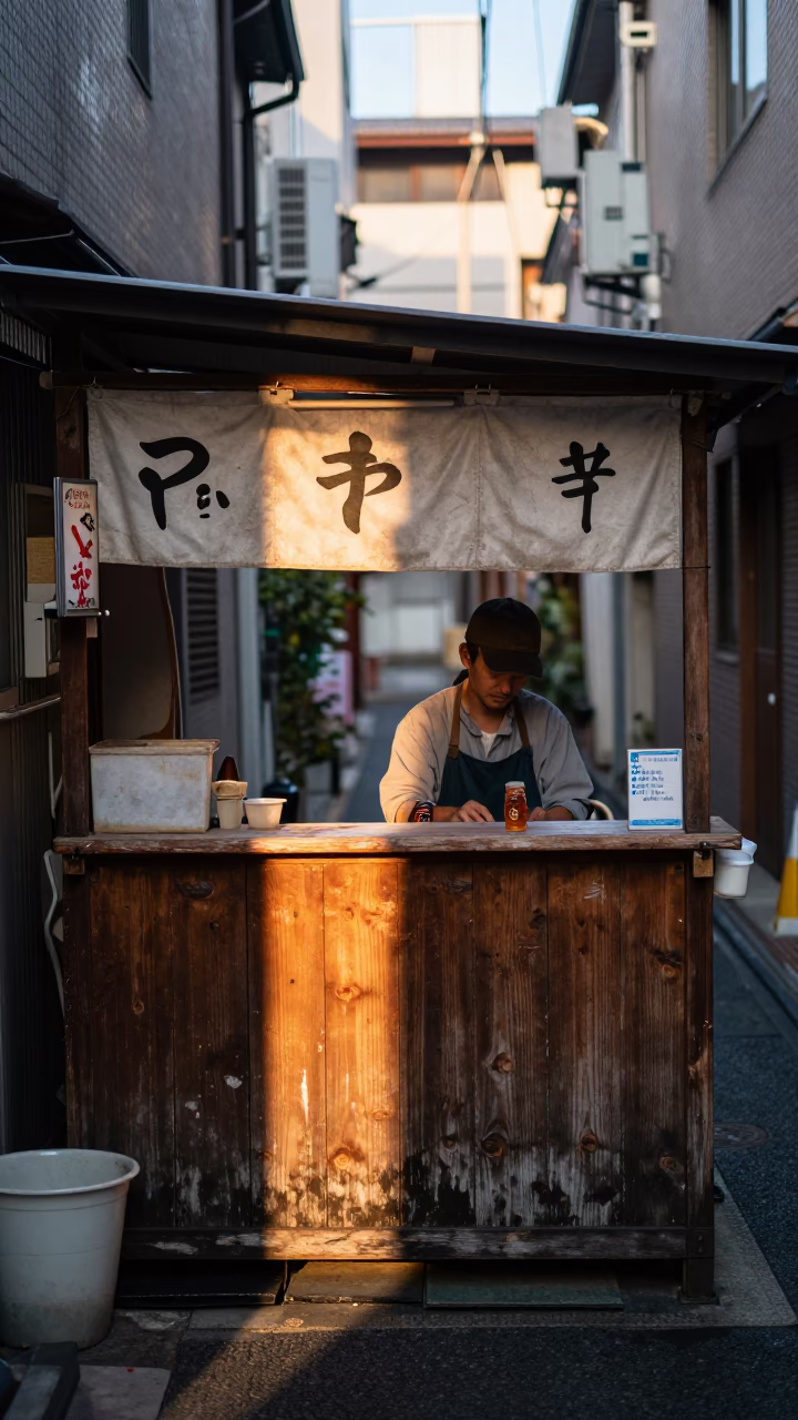 Dawn Light in Tokyo Alleyway with Pho Tai and Honey Dripper in in Tokyo, Japan
