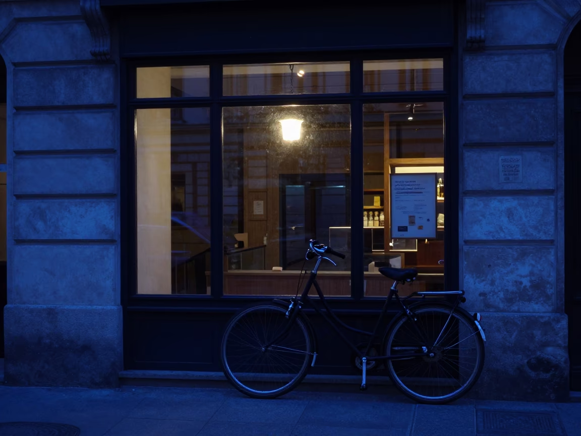 Dawn Light in Vienna Austria Bicycle Propped Against Bakery Shopfront in in Vienna, Austria