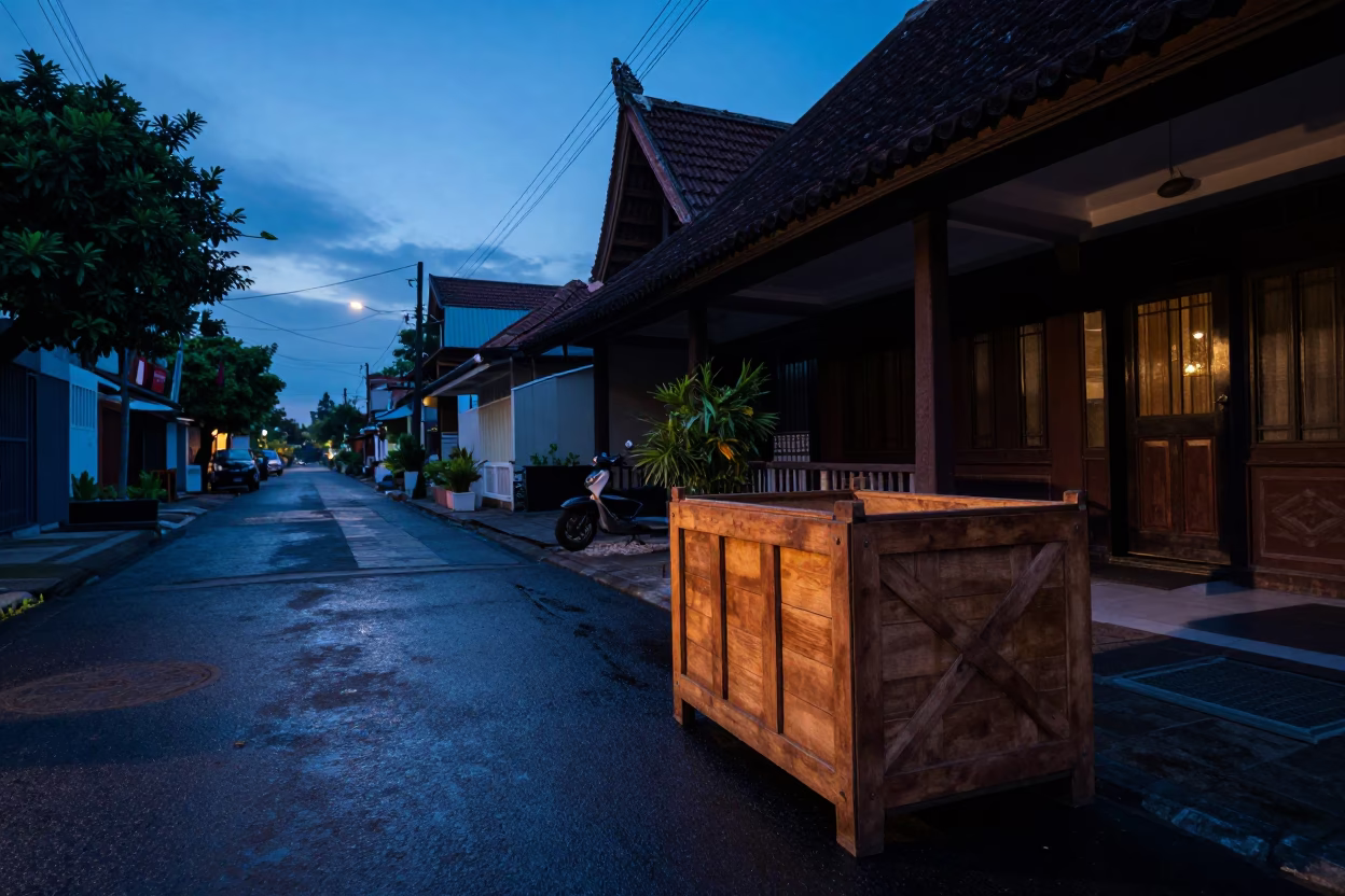 Dawn light in Yogyakarta Indonesia street scene with wooden crate and banana leaves in in Yogyakarta, Indonesia