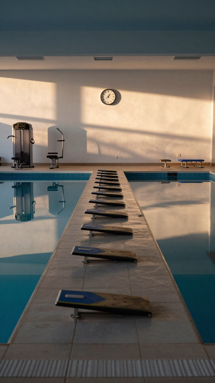 Dawn Light on Indoor Pool Deck Near Cairo in along a row of machines in a bright gym near Cairo