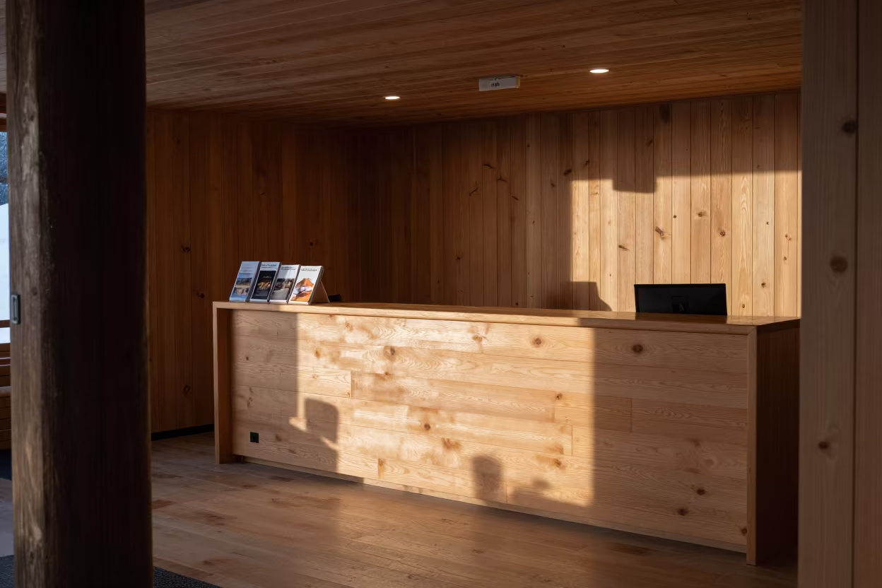 Dawn Light on Innsbruck Ski Lodge Reception Desk in at a reception desk under warm light in Innsbruck