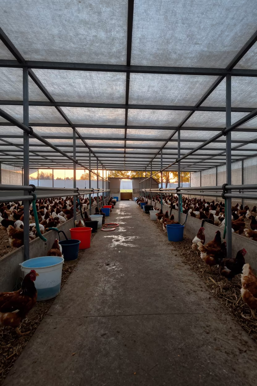 Dawn Light in Iowa Poultry House Before Rush in inside a milking parlor in Iowa