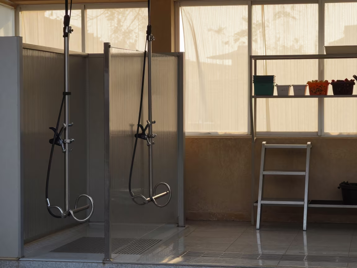 Dawn light in Jaisalmer dog wash aisle in at a self-serve dog wash station in Jaisalmer