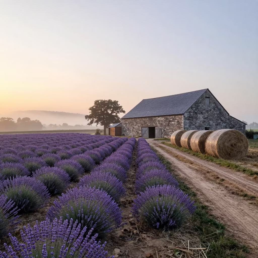 Dawn Light on Jordanian Lavender Field in beside stacked hay bales in Jordan