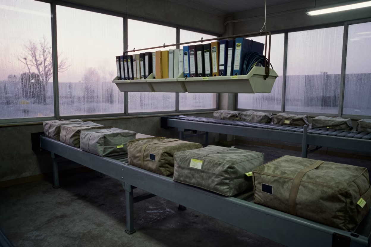 Dawn Light on Kabul Parcel Sorting Tray in at a parcel sorting belt near Kabul