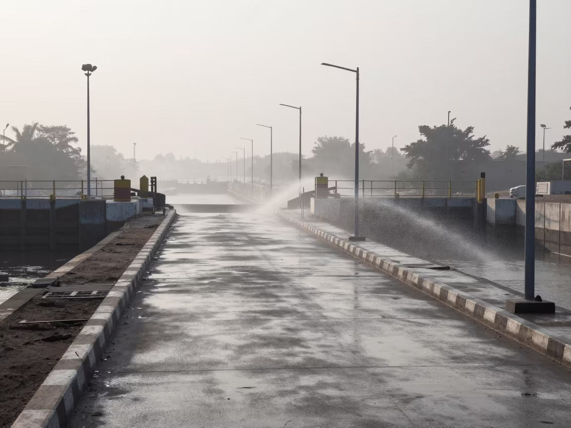 Dawn Light on Karachi Canal Lock Service Road in at a canal lock chamber in Karachi