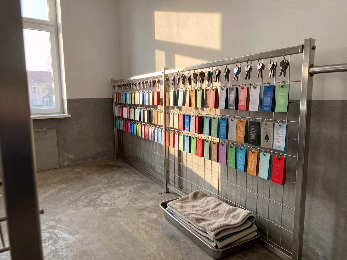 Dawn Light on Kennel Key Tags in inside a grooming bay near Kazimierz, Krakow