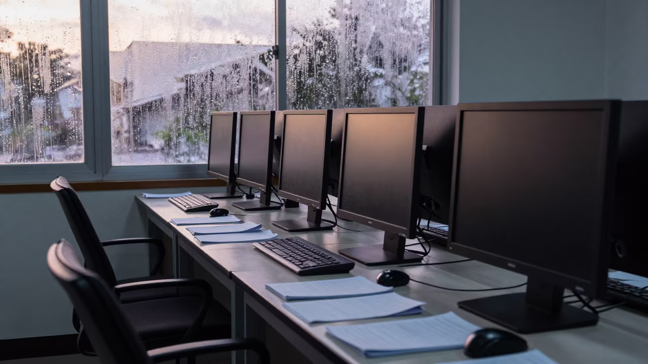 Dawn Light on Keyboard in Chiang Mai Lab in at a seminar table covered in notes in Chiang Mai