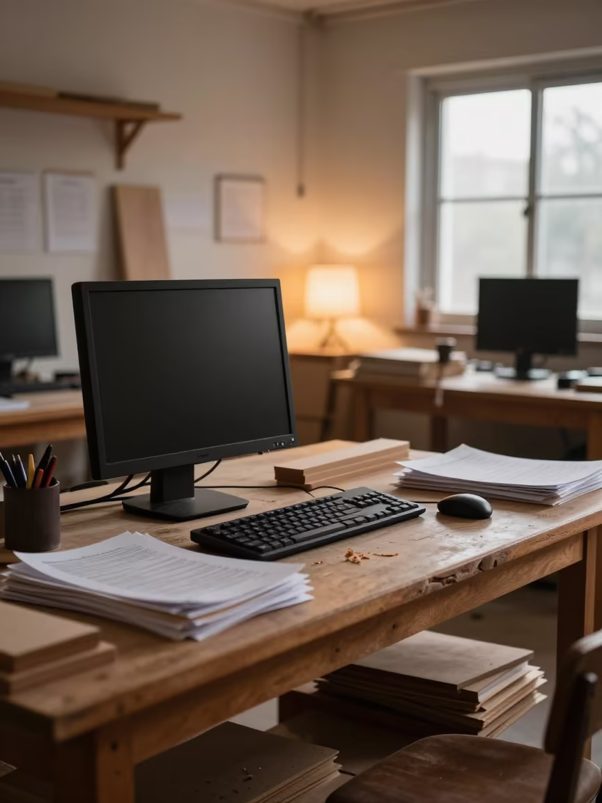 Dawn Light on Keyboard Row in Lahore Woodshop in in a woodshop classroom in Lahore