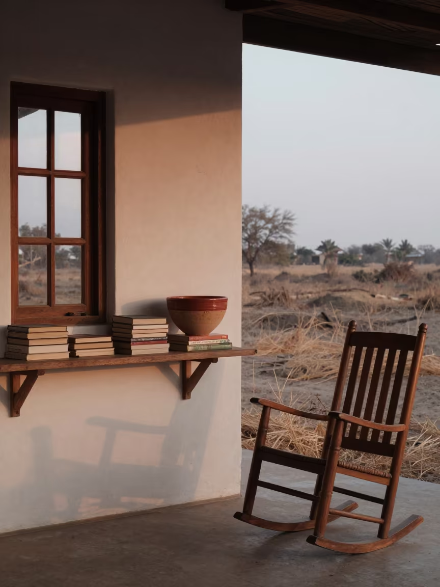Dawn Light on Kitchen Shelf Near Books in on a porch with a rocking chair near Kot Addu