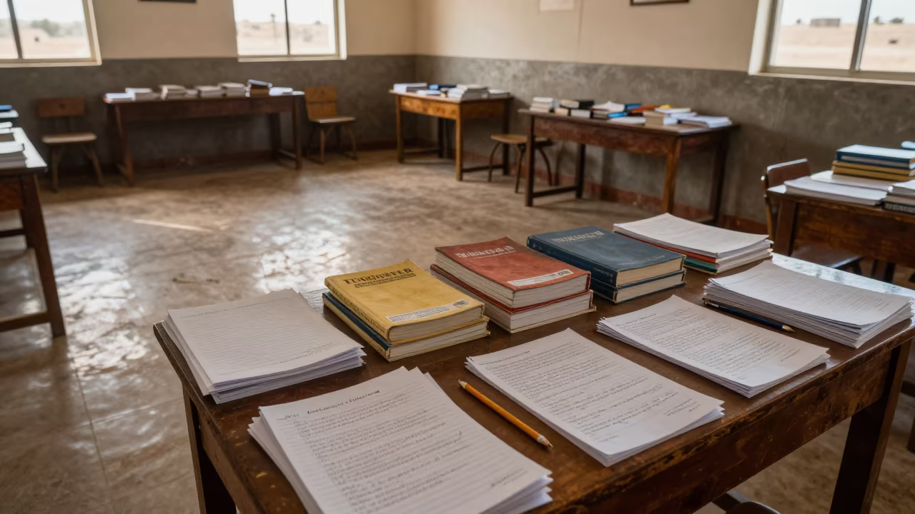 Dawn Light Over Language Map Table in at a seminar table covered in notes in Omdurman