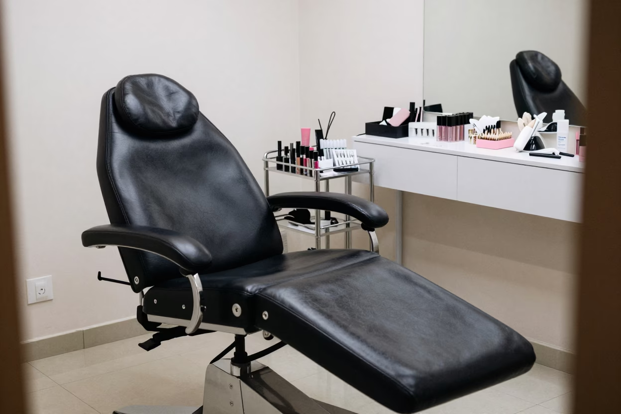 Dawn Light on Lash Recliner with Product Clutter in inside a nail studio near Baghdad