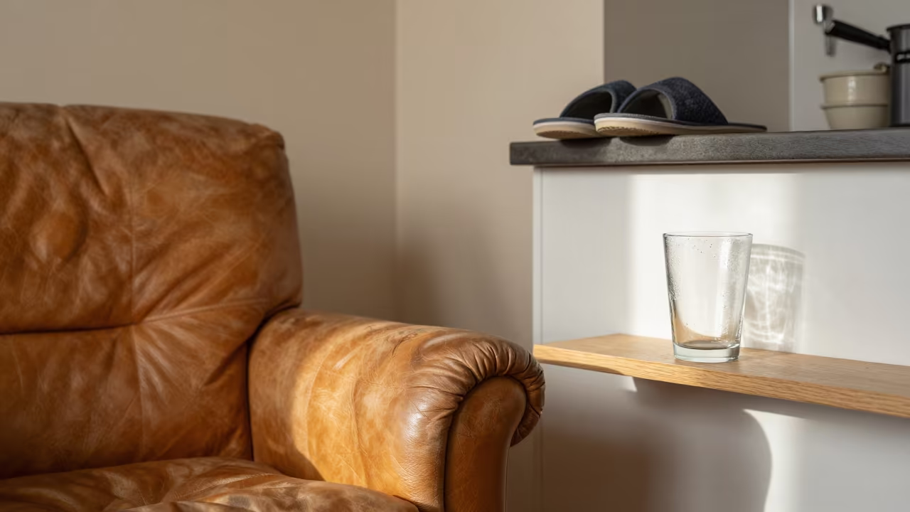 Dawn Light on Leather Armchair and Kitchen Shelf in on a worn leather armchair in Nuremberg