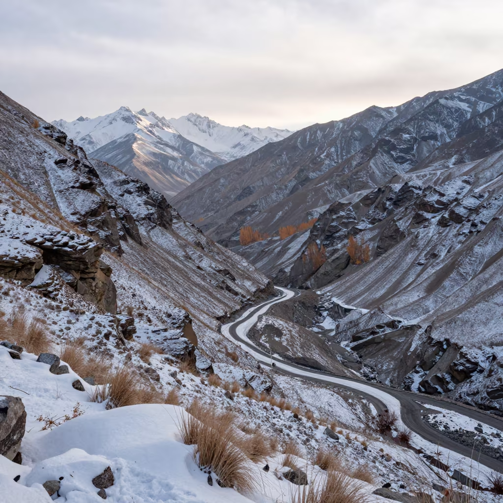 Dawn Light Over Leh Mountain Pass in Autumn in at a rocky saddle overlooking a mountain valley near Leh
