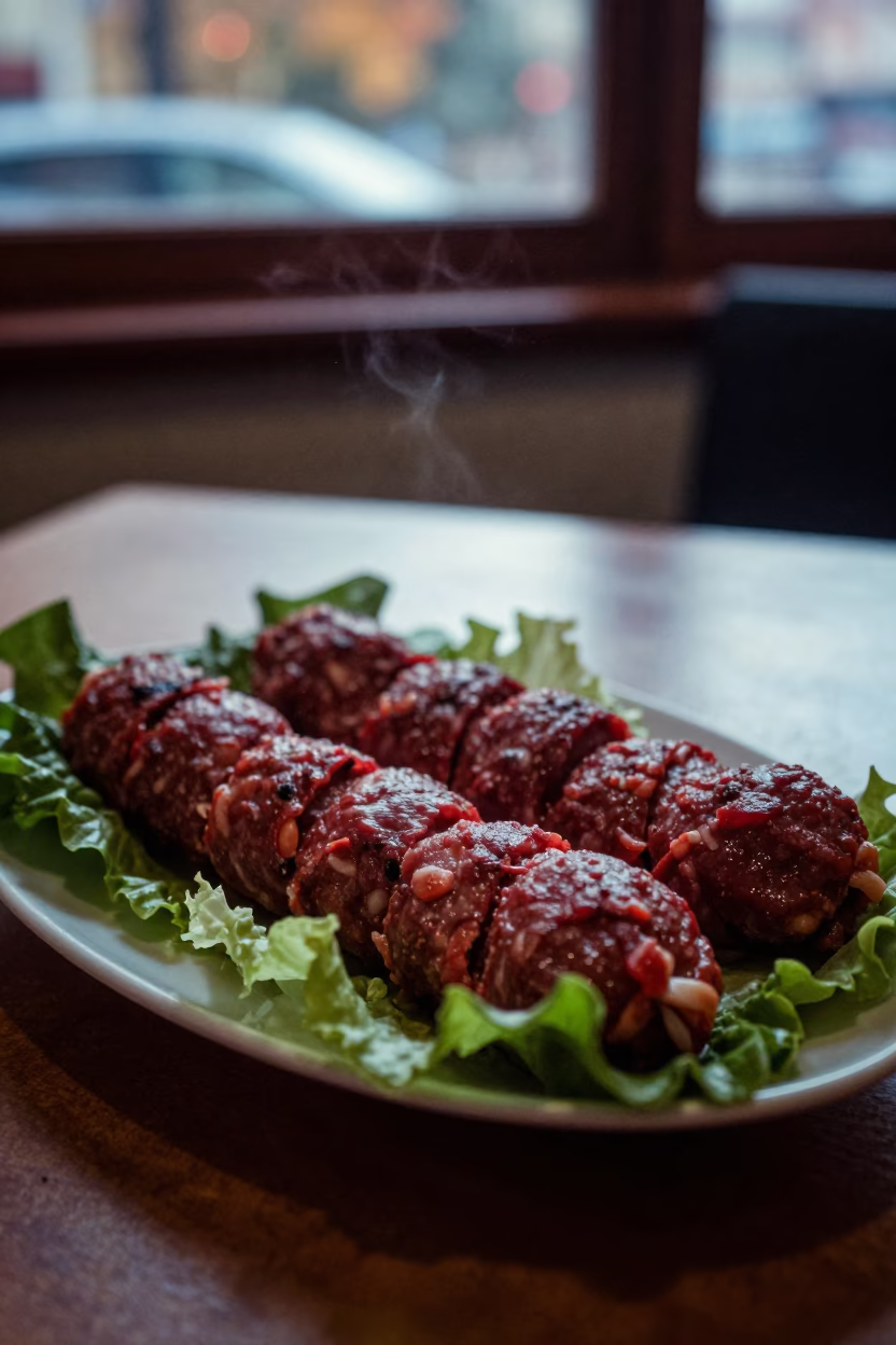 Dawn Light on Lettuce Wrapped Cig Kofte in at a roadside diner table in Belgrade