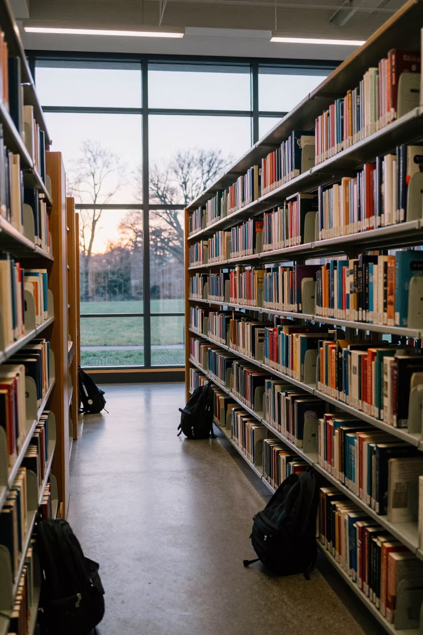 Dawn Light in Library Stack Aisle in inside a campus library reading room near Leeds