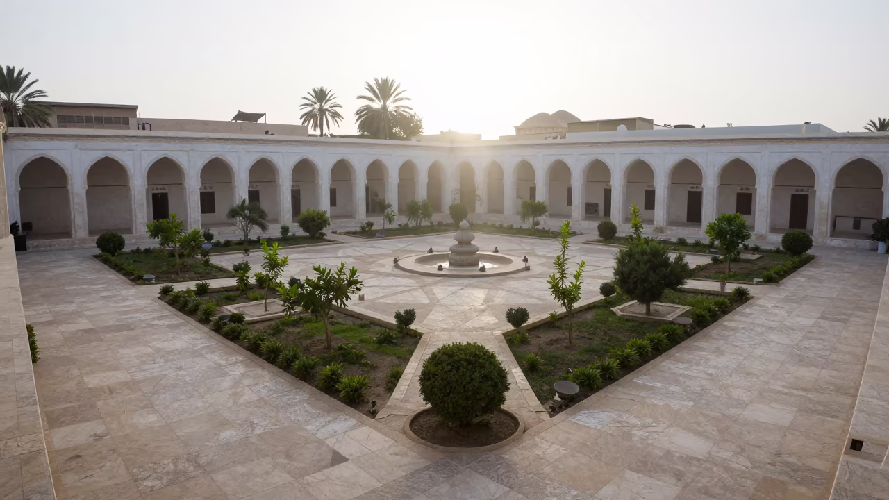 Dawn Light Over Libyan Mosque Courtyard Garden in in a cloister garden in Libya
