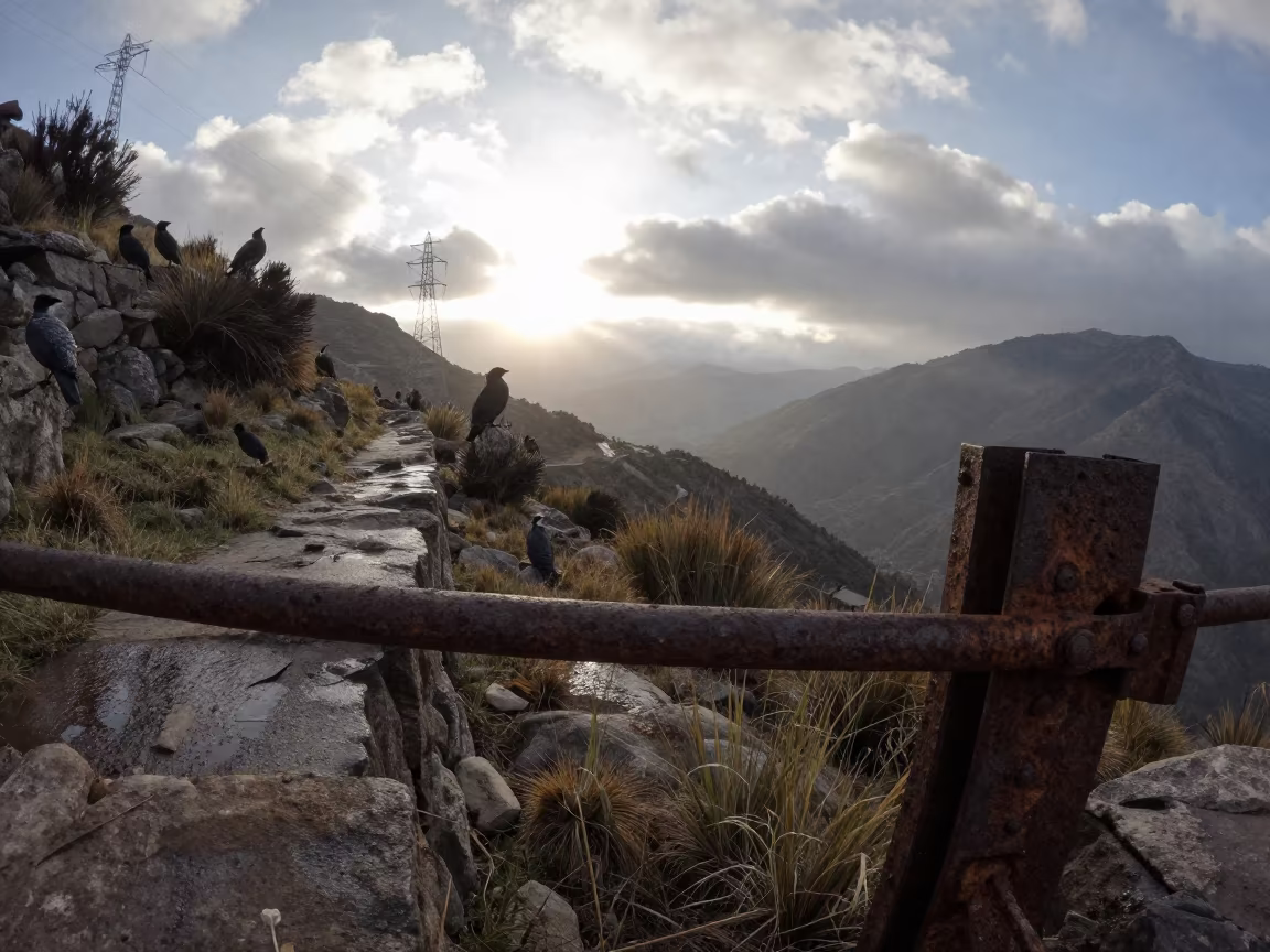 Dawn light on lock gate hinge near mountain slope in beneath transmission towers in San Cristobal, Cusco