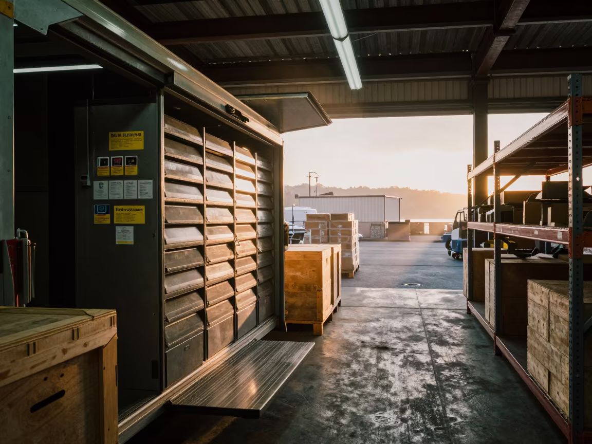 Dawn Light on Logistics Seal Pouch Drawer in at a fulfillment packing station in Fisherman's Wharf, San Francisco