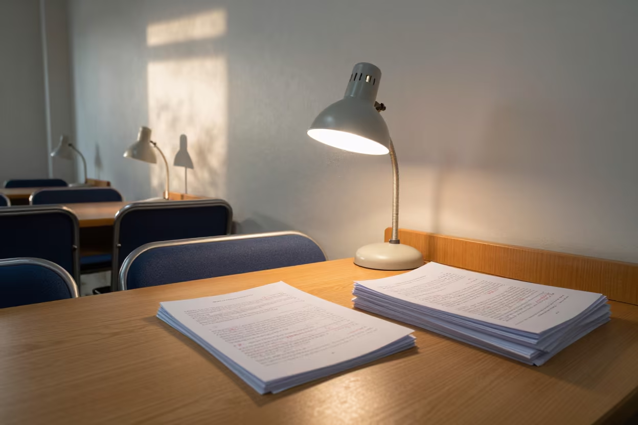 Dawn Light Over Marked Essays at Library Desk in inside a campus library reading room in Incheon