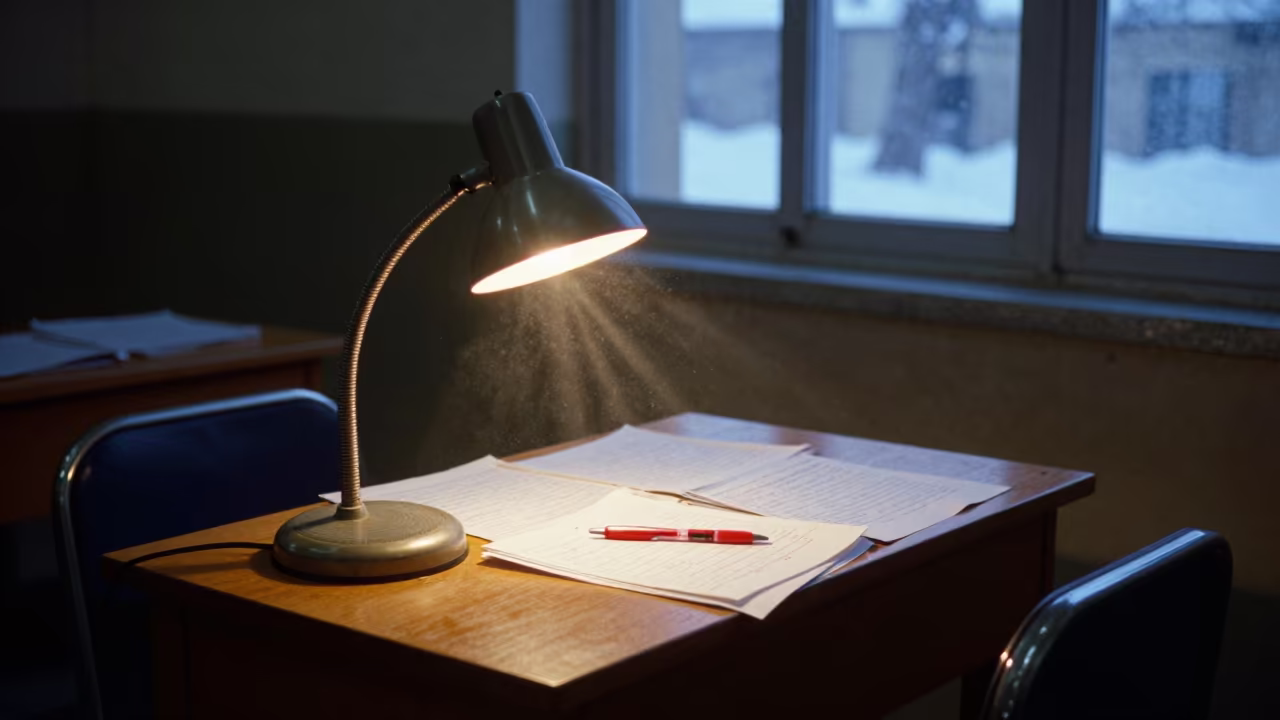 Dawn Light Over Marked Essays at Teacher Desk in in a school laboratory in Mallawi
