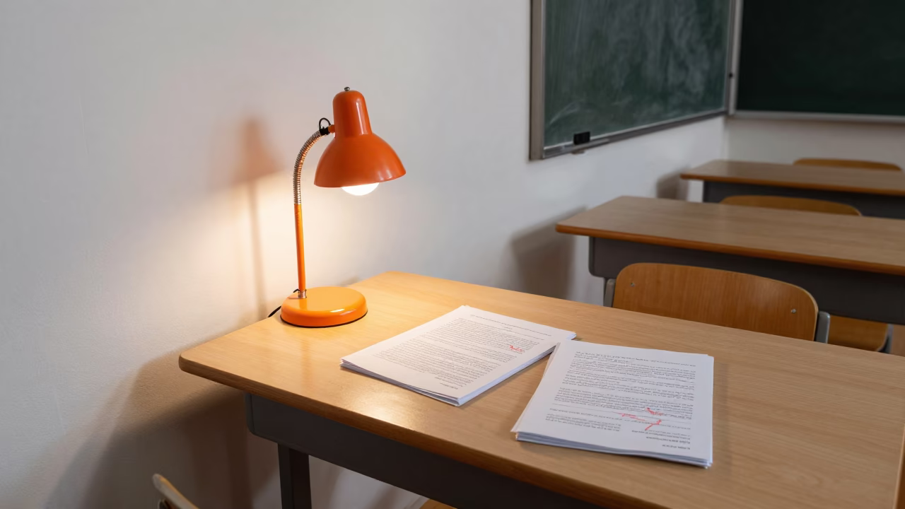 Dawn Light on Marked Essays at Teacher Desk in inside a quiet classroom in Wollongong