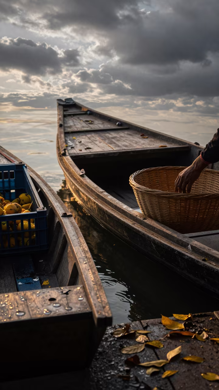 Dawn light hits market boat stalls in at a floating market boat in Ghaziabad