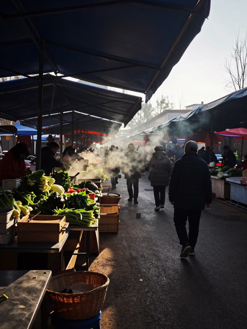 Dawn light hits market stalls in Kunming early winter in under a market canopy in Kunming