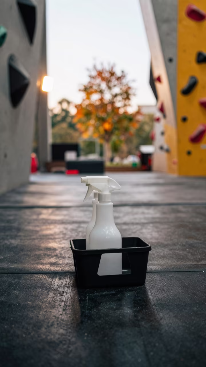 Dawn Light and Mat Spray Caddy in Hangzhou Gym in inside a climbing gym warmup zone in Hangzhou