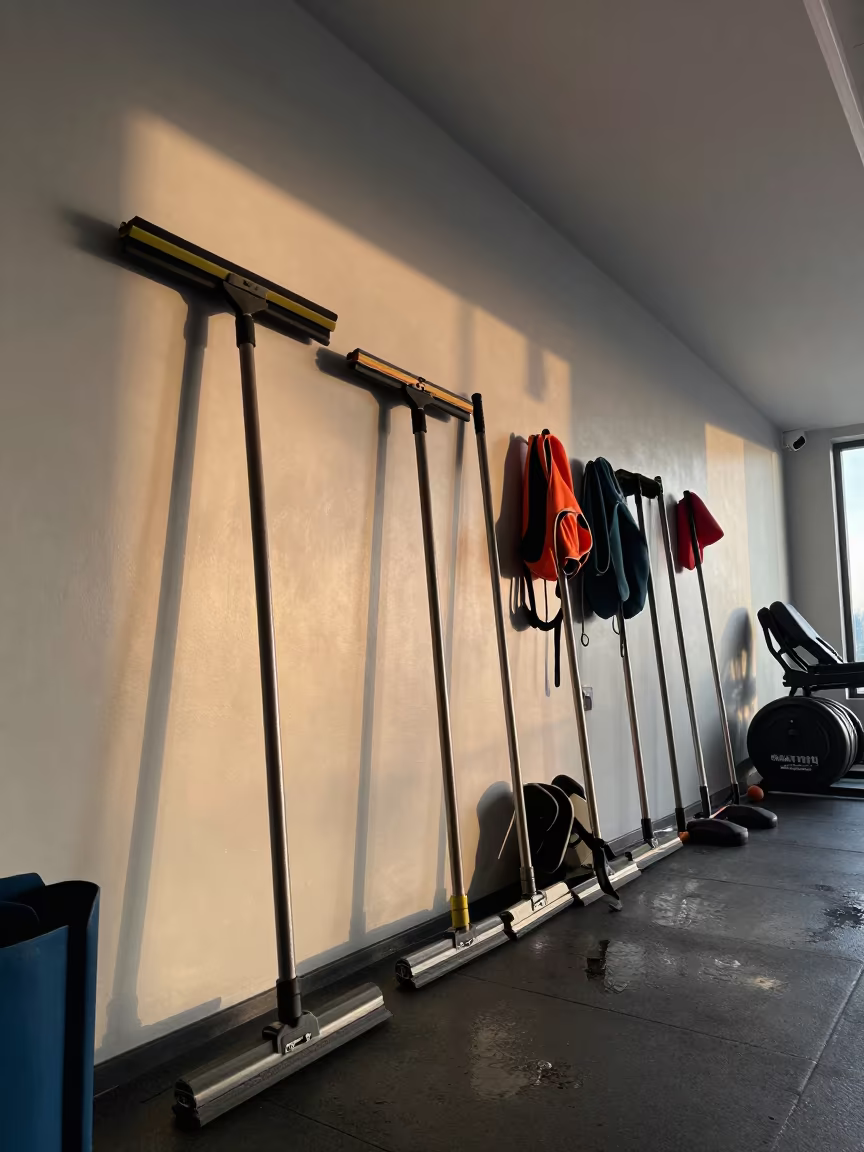 Dawn light in Maturin spin studio with squeegee wheel bay in inside a spin studio under class lights in Maturín