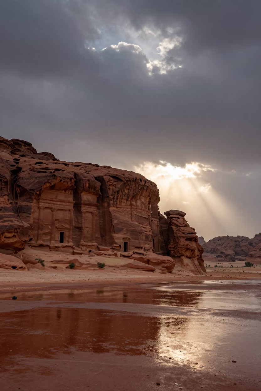 Dawn Light on Mesa Dwellings Near Riyadh in across a floodplain after rain near Riyadh