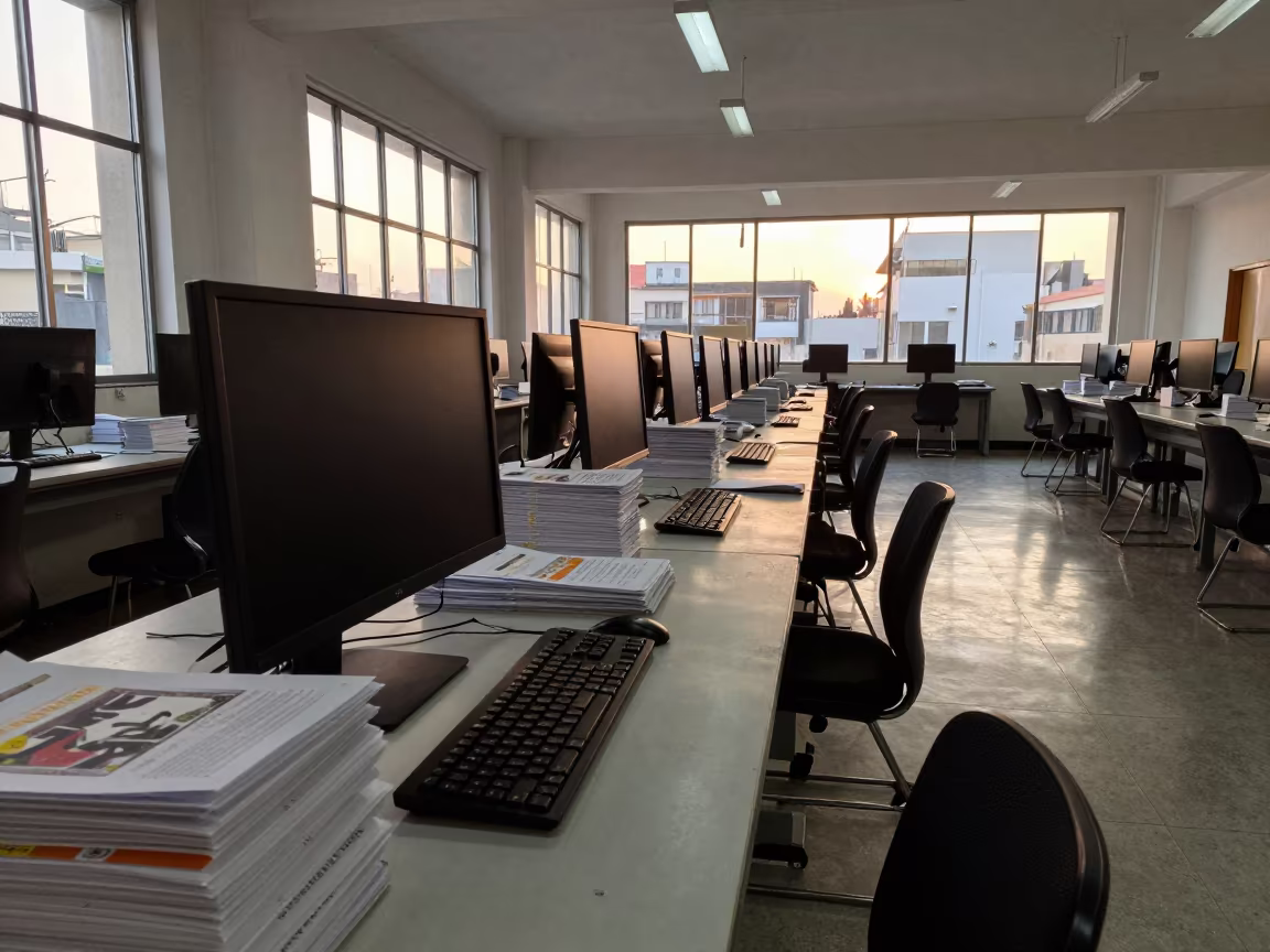 Dawn light fills Mexico City art classroom with printed papers in inside an art classroom in Mexico City