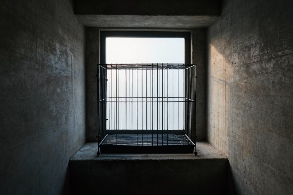 Dawn light fills Milan bunker stairwell tray cage in inside a bunker stairwell in Milan