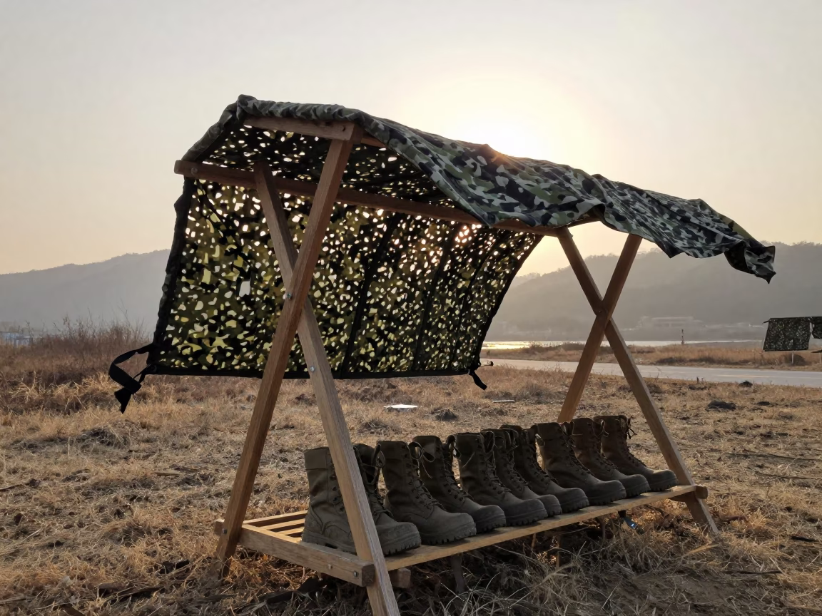 Dawn Light on Military Boot Rack Under Net in beneath a camouflage net shelter near Daegu