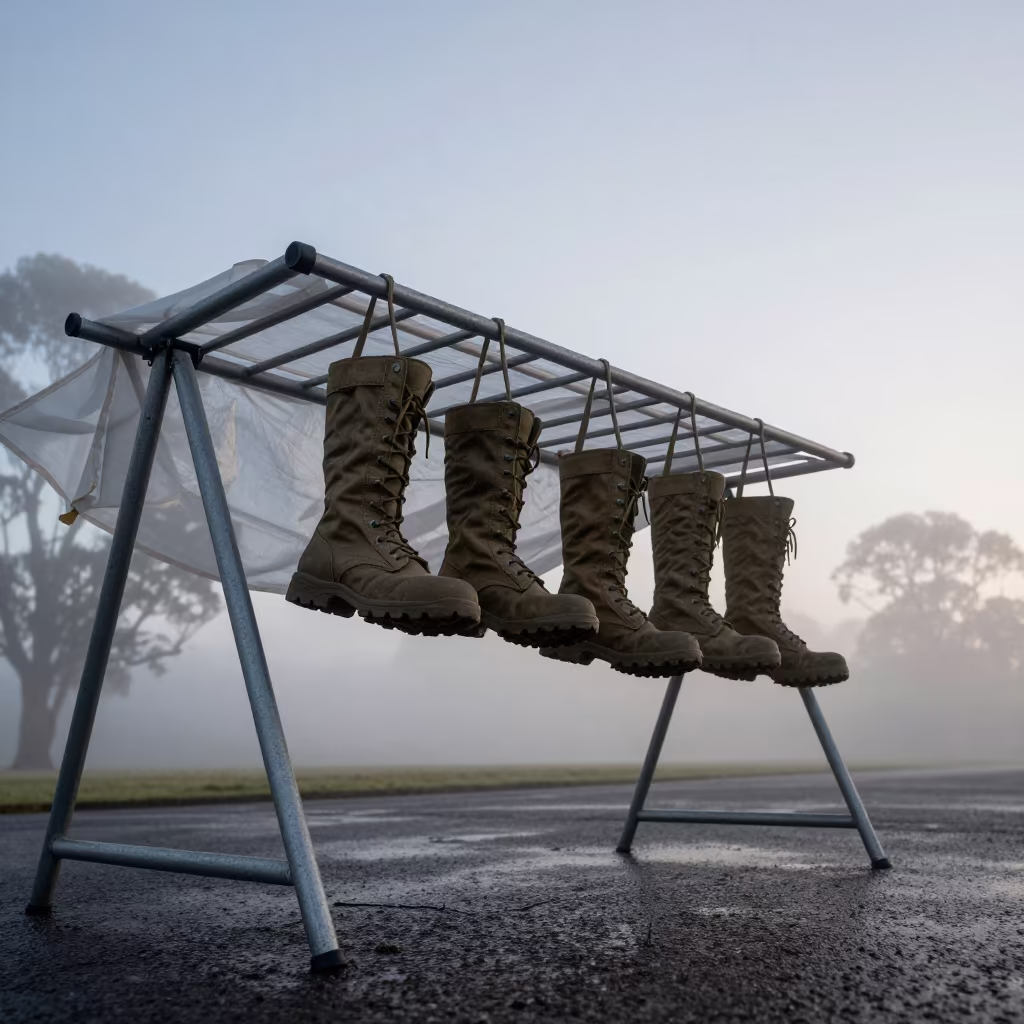 Dawn Light on Military Boot Rack in at a checkpoint lane in New South Wales