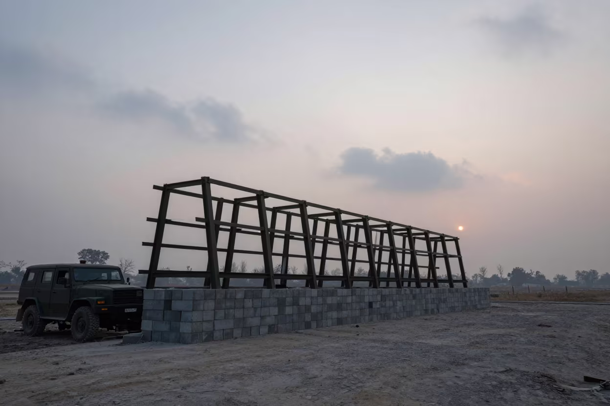 Dawn Light on Military Form Rack Ghaziabad in beside a convoy halt on open ground in Ghaziabad