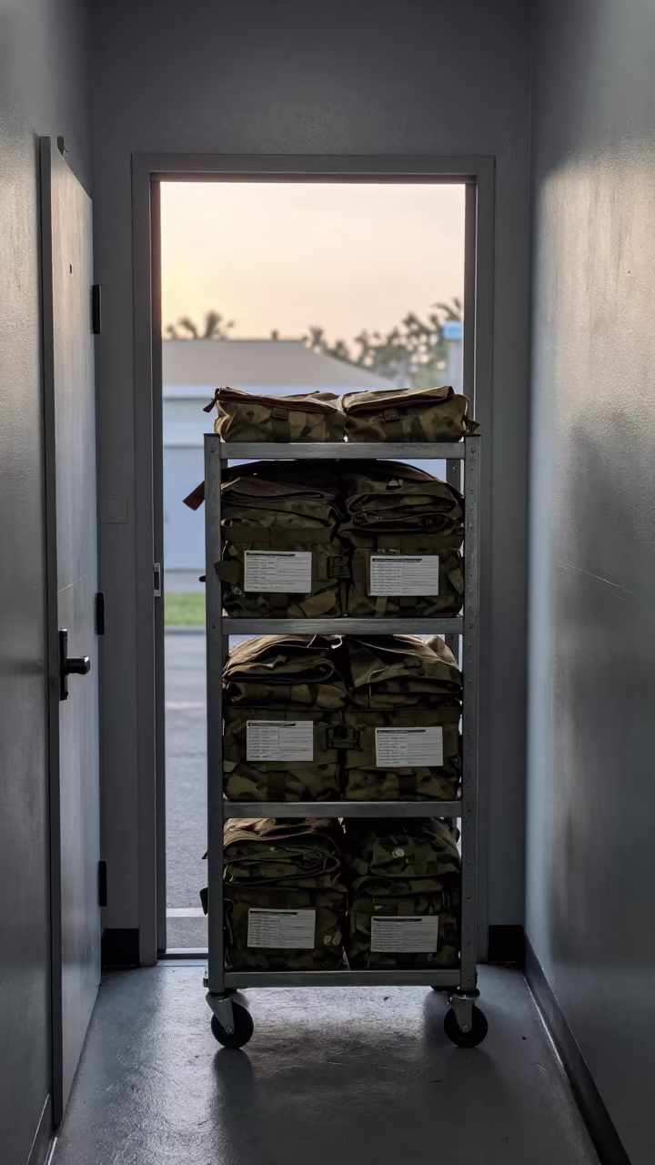 Dawn Light on Military Linen Cart in Miami Barracks in inside a barracks corridor in Miami