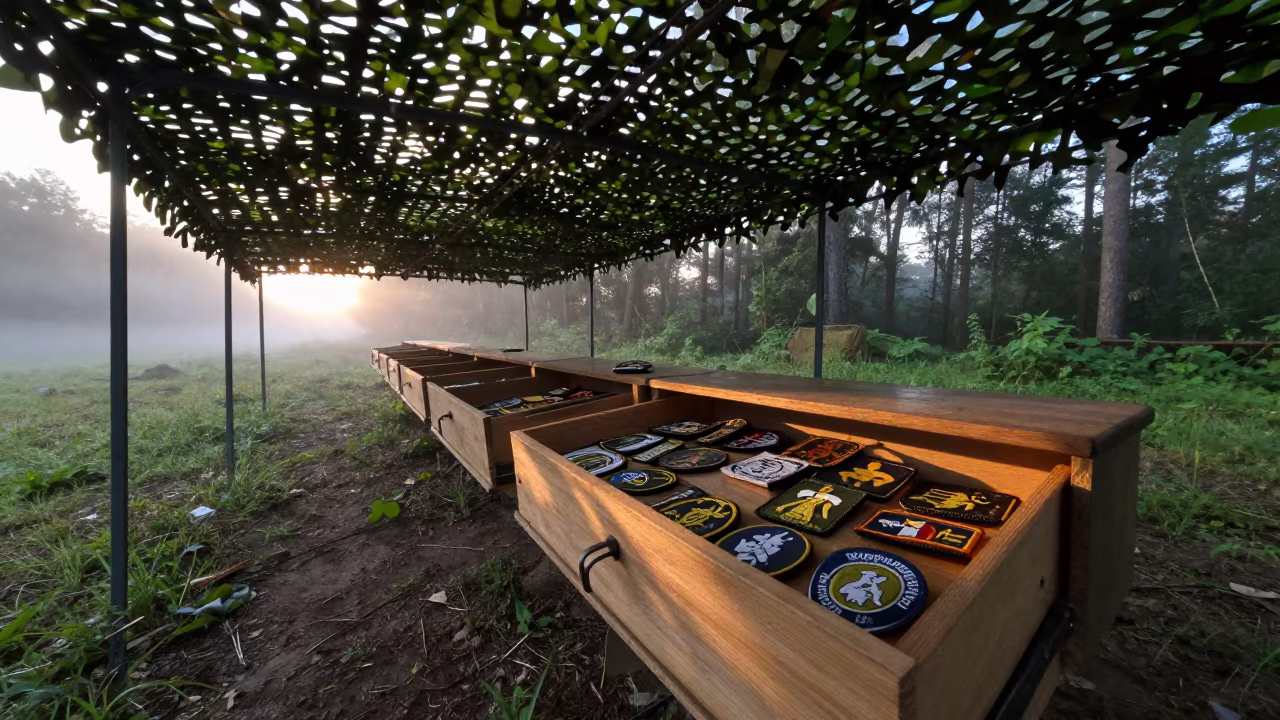 Dawn Light on Military Patch Drawer Under Net in beneath a camouflage net shelter in United States