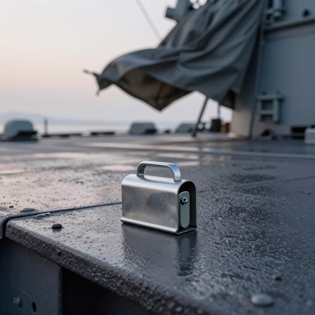 Dawn Light on Military Repair Buckle Tin in on a naval deck in rough wind in South Korea