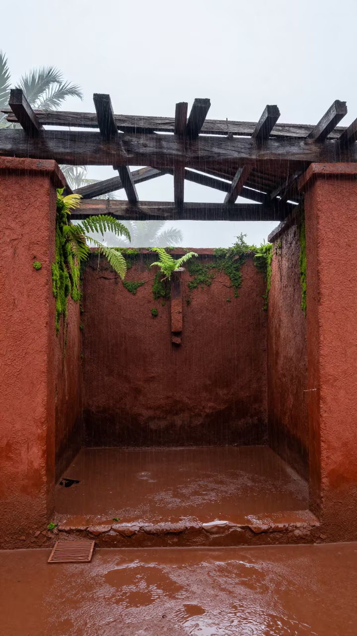 Dawn Light Mirrors Broken Trusses in Abandoned Niger Hammam in inside a roofless hammam in Niger