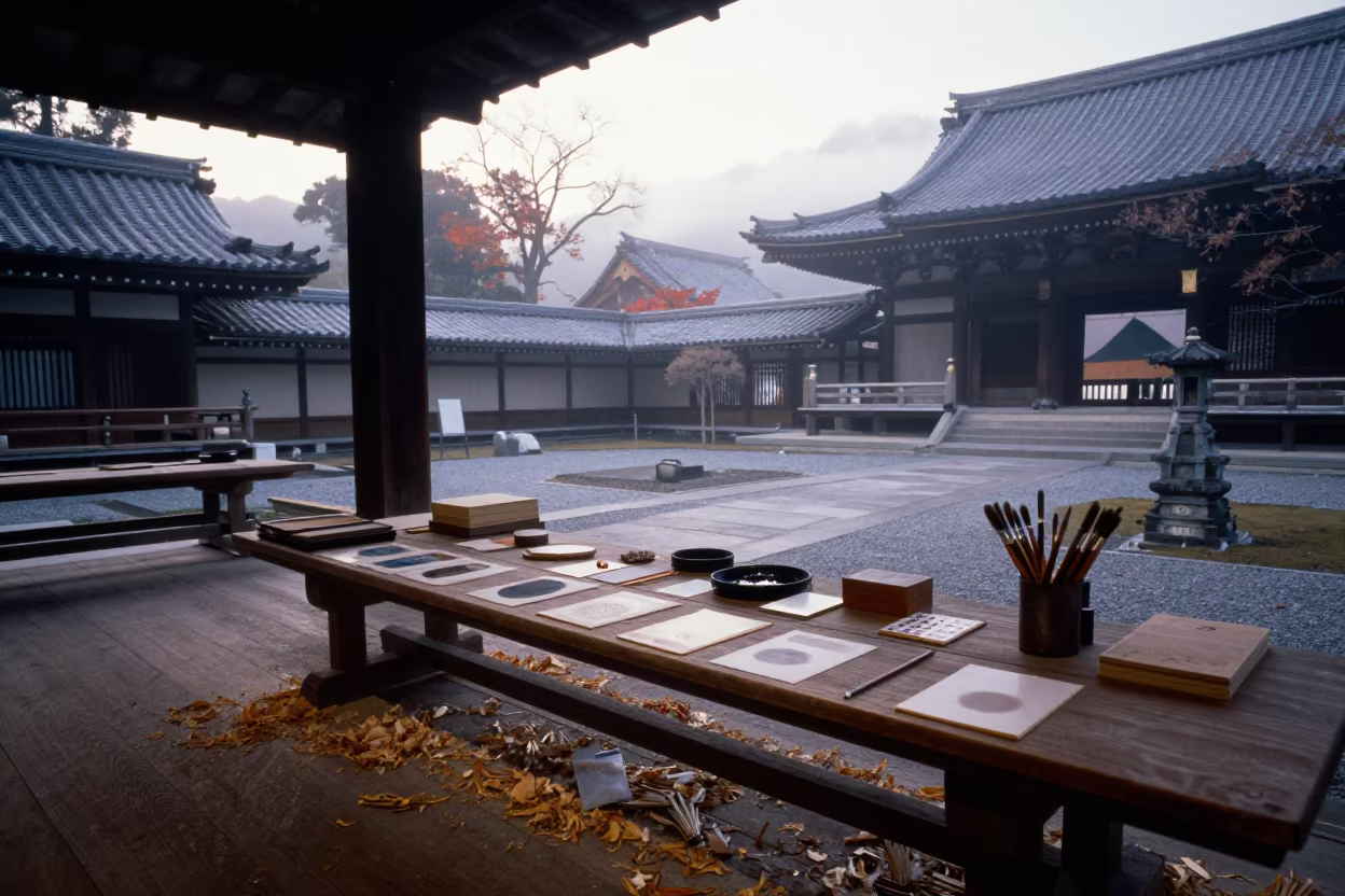 Dawn Light on Museum Archive Bench with Pigment Brushes in in a temple courtyard near Nikko