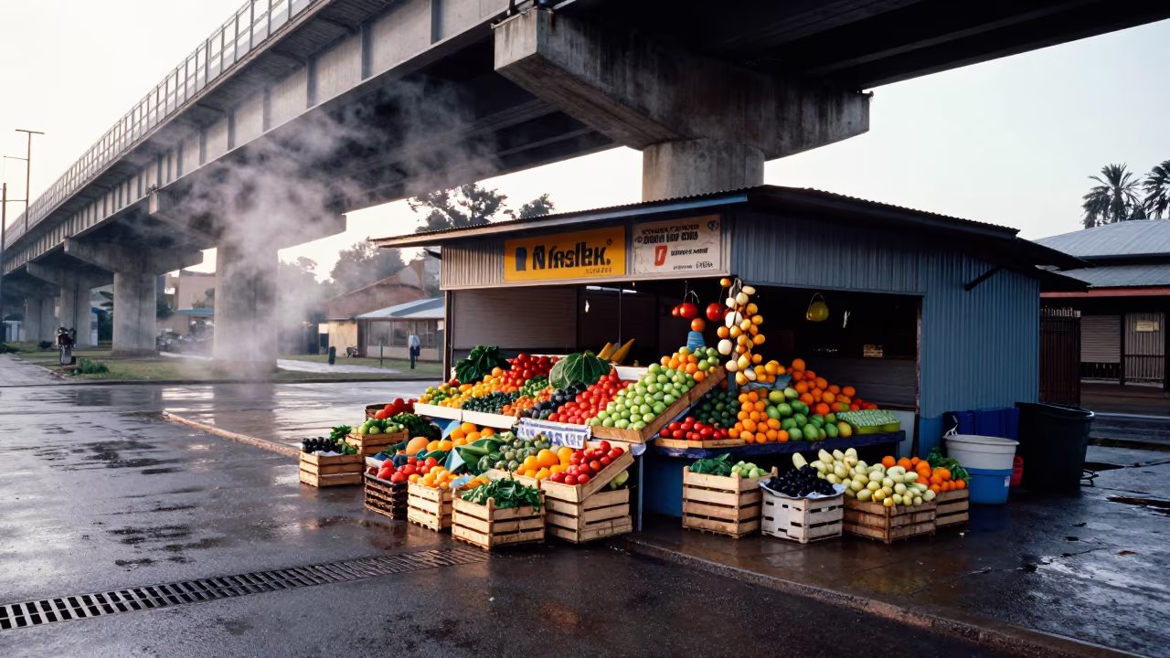 Dawn Light on Nakuru Bodega Fruit Crates in under an elevated train line in Nakuru