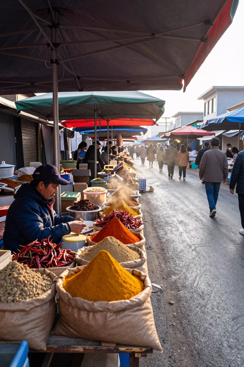 Dawn Light on Nampo Spice Canopy Market Lane in at a spice vendor's table in Nampo