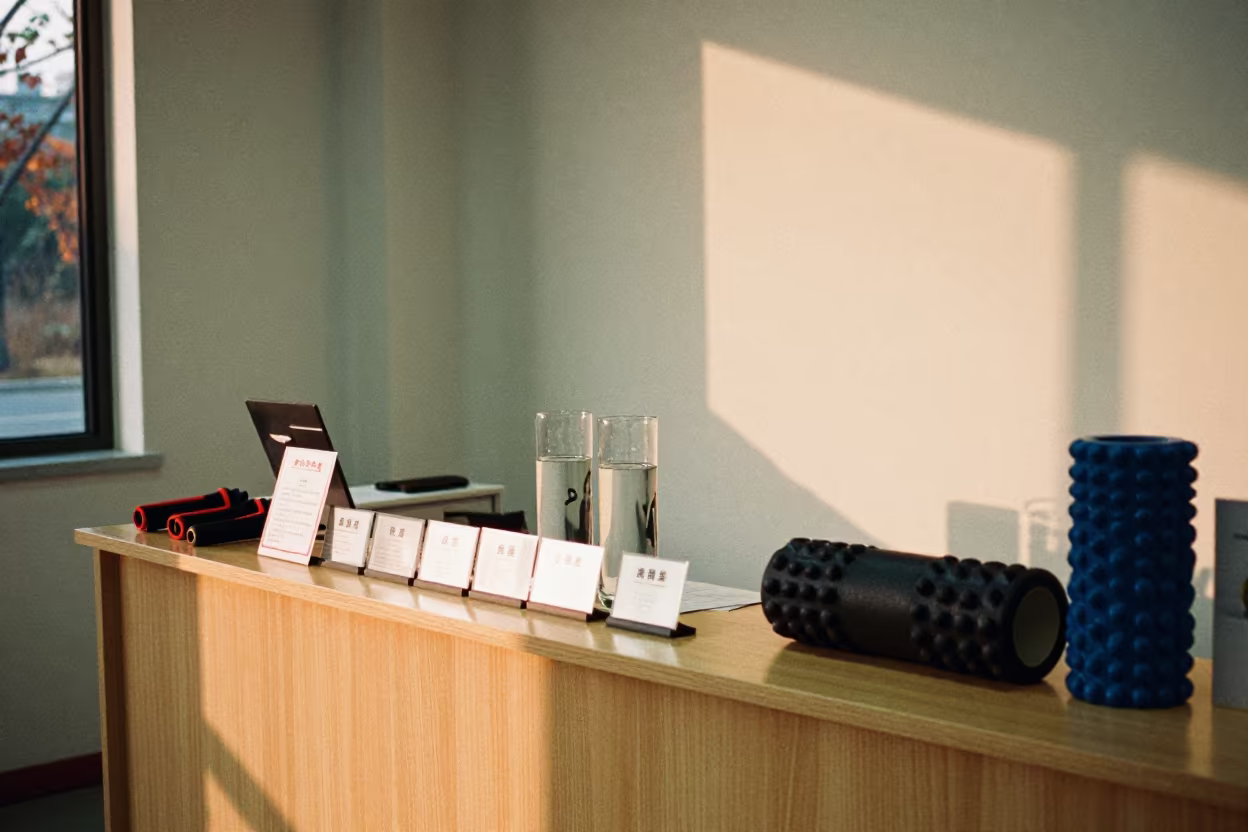 Dawn Light in Nanchang Reformer Studio Reception in inside a recovery lounge beside foam rollers near Nanchang