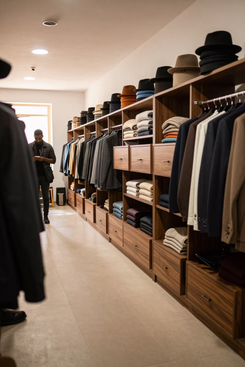 Dawn Light in N'Djamena Menswear Felt Hat Showroom in in a backstage changing corridor in N'Djamena