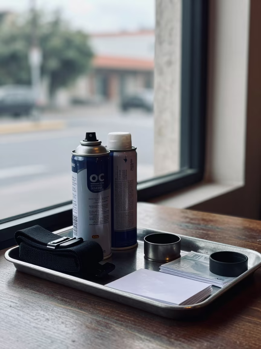 Dawn Light on OC Spray Training Can Tray in on a cafe table by a window near Campeche