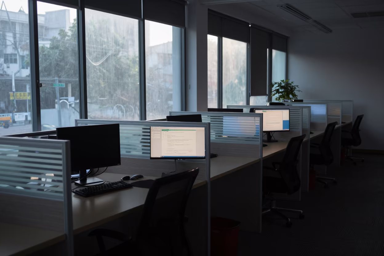 Dawn Light on Office Desk Block Hanoi in in an operations center under monitor glow near Hanoi